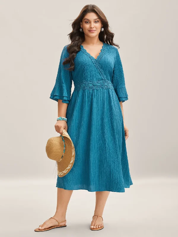 Baby Girl Casual Dresses for a Sweet Look​ Scalloped Lace Surplice Ruffled Midi Dress