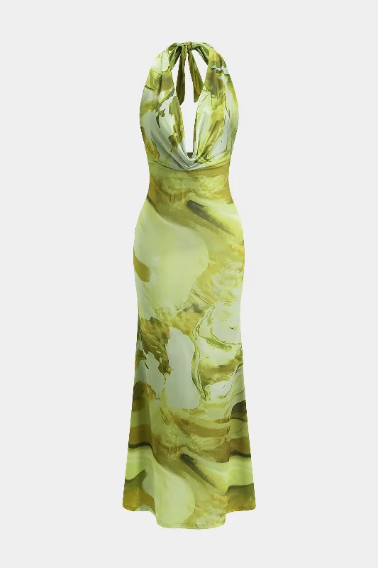 Linen Casual Dresses for Breathability​ Tie Dye Print Backless Cowl Neck Maxi Dress
