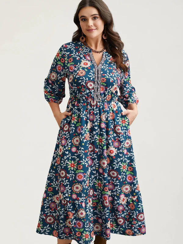 Picnic - Ready Casual Dresses in Bright Colors Floral Print Stretchy-Waist Pockets Maxi Dress Picnic - Ready Casual Dresses in Bright Colors Floral Print Stretchy-Waist Pockets Maxi Dress