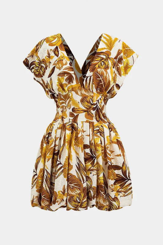 DIY - Inspired Casual Dresses with Customizable Elements Floral Leaves Print Pleated V-Neck Puff Hem Mini Dress DIY - Inspired Casual Dresses with Customizable Elements Floral Leaves Print Pleated V-Neck Puff Hem Mini Dress