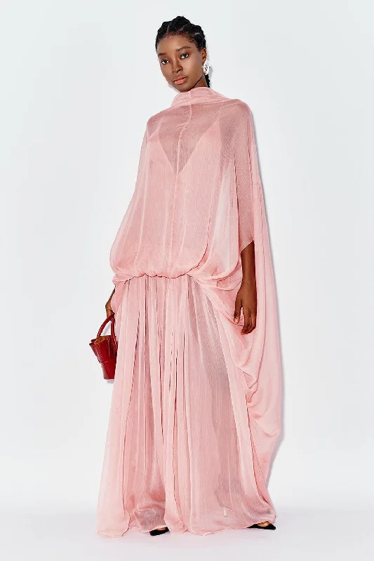 Modal Casual Dresses in Smooth Textures​ Carnation Blouson Gathered Chiffon Maxi Dress