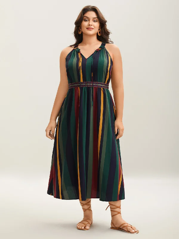 Post - Partum Casual Dresses for New Moms​ Multi-Color Stripes Waist-Defining Midi Dress