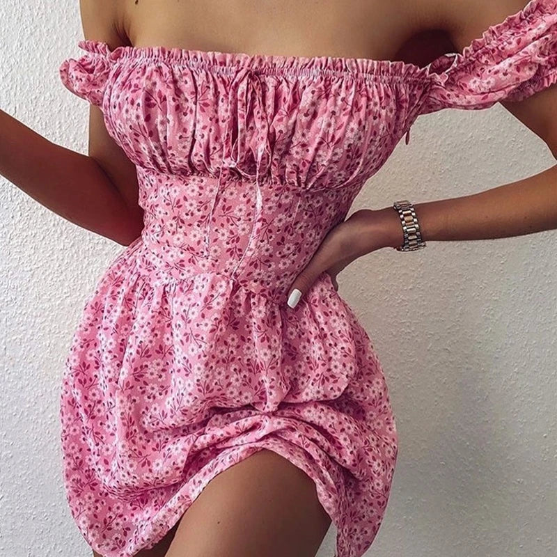 Mini dresses with halter necks for a stylish choice FashionSierra - 2024 Elegant Off-Shoulder Floral Mini Dress Boho Dress