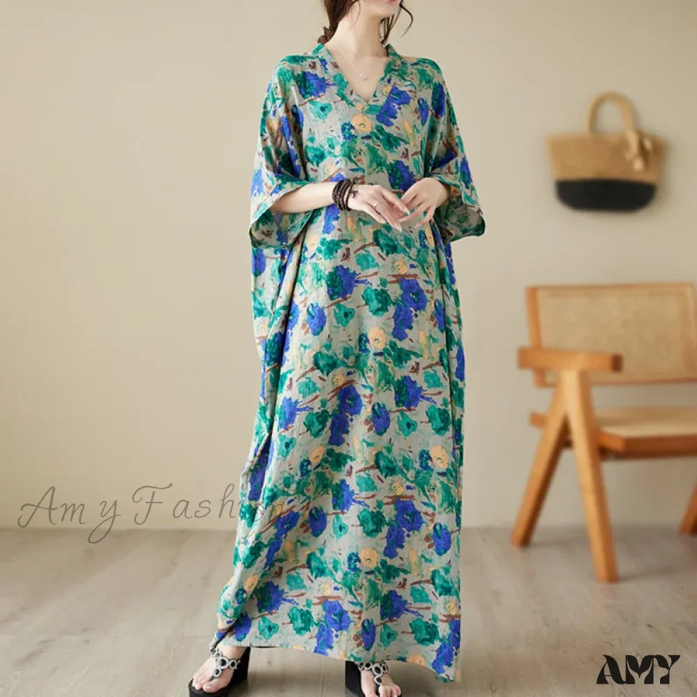 Travel - Friendly Casual Dresses for Comfort on the Go Amy Fashion - Green Red Cotton Linen Print Batwing Sleeve Retro Boho Dress Travel - Friendly Casual Dresses for Comfort on the Go Amy Fashion - Green Red Cotton Linen Print Batwing Sleeve Retro Boho Dress