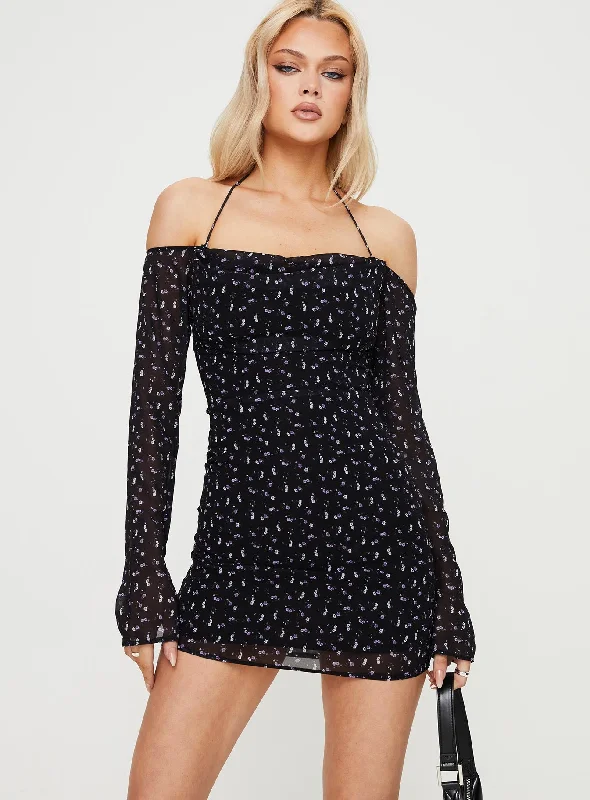 Floral print mini dresses for summer parties Tisha Off The Shoulder Mini Dress Black Floral