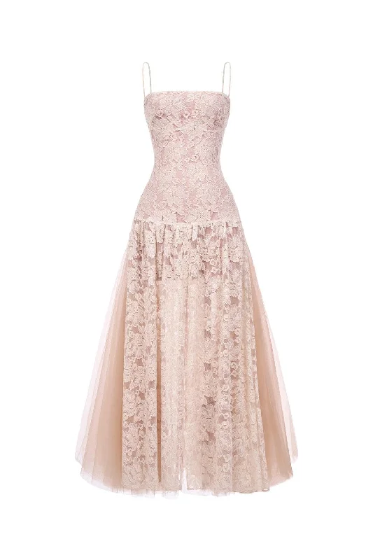 Summer - Appropriate Casual Dresses in Lightweight Materials Cinderella Drop Waist Spaghetti Strap Mesh Lace Maxi Dress Summer - Appropriate Casual Dresses in Lightweight Materials Cinderella Drop Waist Spaghetti Strap Mesh Lace Maxi Dress