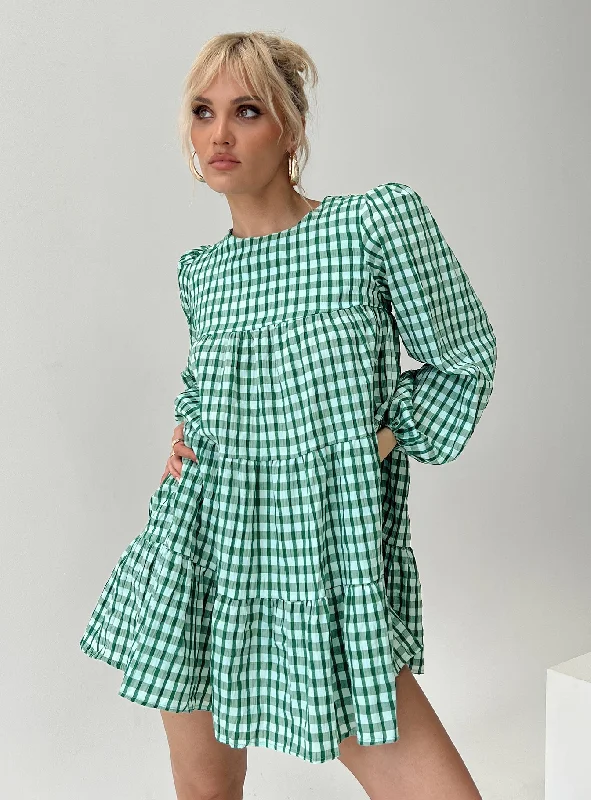 Mini dresses with polka dot patterns Miami Long Sleeve Mini Dress Green Check