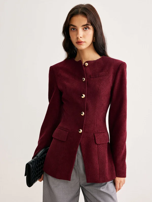 Winter - Warm Casual Dresses with Lined Fabrics​ Round Neck Button Corduroy Blazer