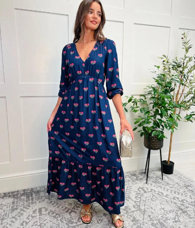 Faux Fur - Lined Casual Dresses for Winter Warmth​ Navy Sienna Floral Midi Dress