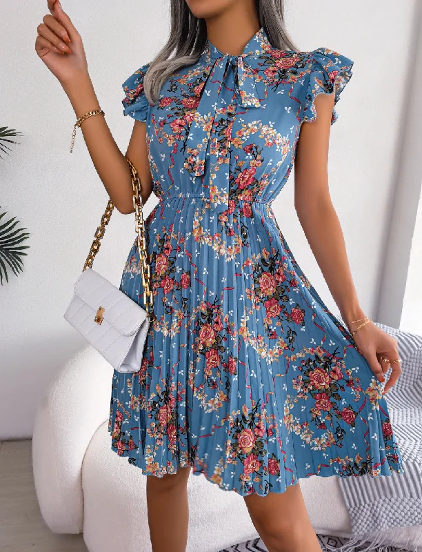 Mini dresses with halter necks for a stylish choice Pleated Floral Printed Tie Neck Knee Length  Short Sleeve Dress