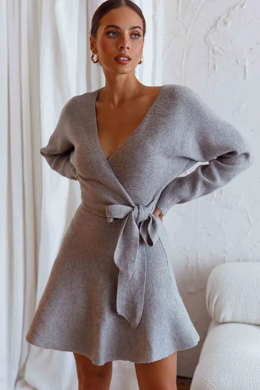 Mini dresses with side slits for a sexy appeal Shooting Star Long Sleeve Side Tie Knit Dress Grey Mini dresses with side slits for a sexy appeal Shooting Star Long Sleeve Side Tie Knit Dress Grey