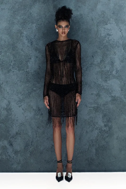 Upcycled Casual Dresses for an Eco - Conscious Choice​ Somber Straight Long Sleeved Mesh Knee-length Dress