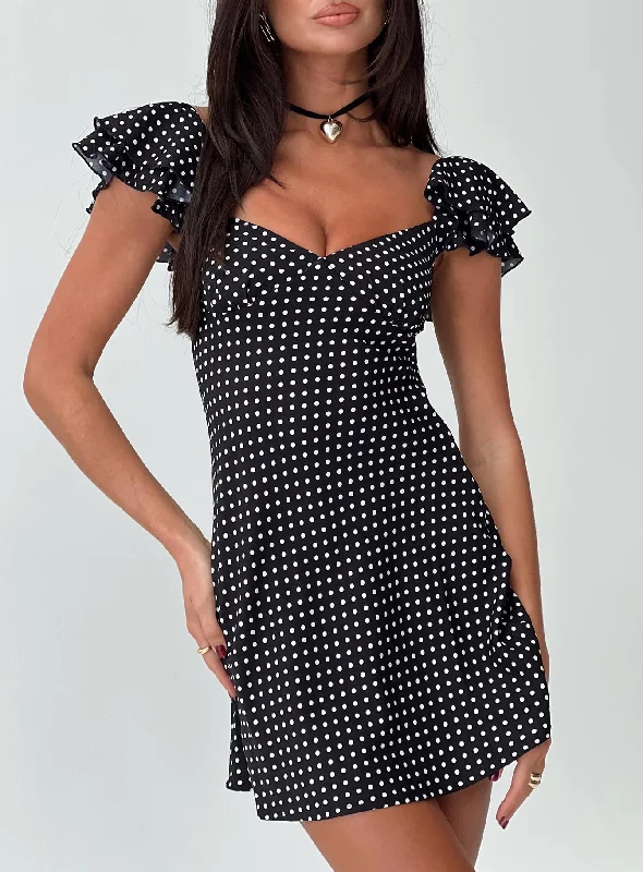 Lace - Trimmed Casual Dresses for a Delicate Touch Moretti Mini Dress Black Polka Dot Lace - Trimmed Casual Dresses for a Delicate Touch Moretti Mini Dress Black Polka Dot