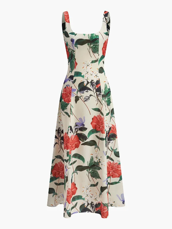 Rayon Casual Dresses for a Soft Feel​ Square Neck Floral Print Zipper Dress