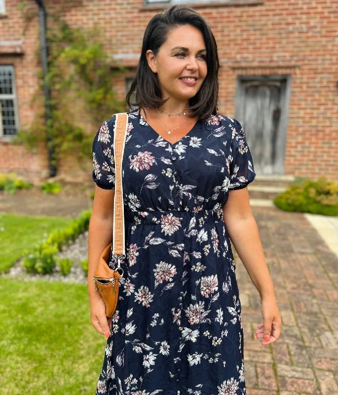 Cotton - Linen Blend Casual Dresses​ Navy Floral Tiered Maxi Dress