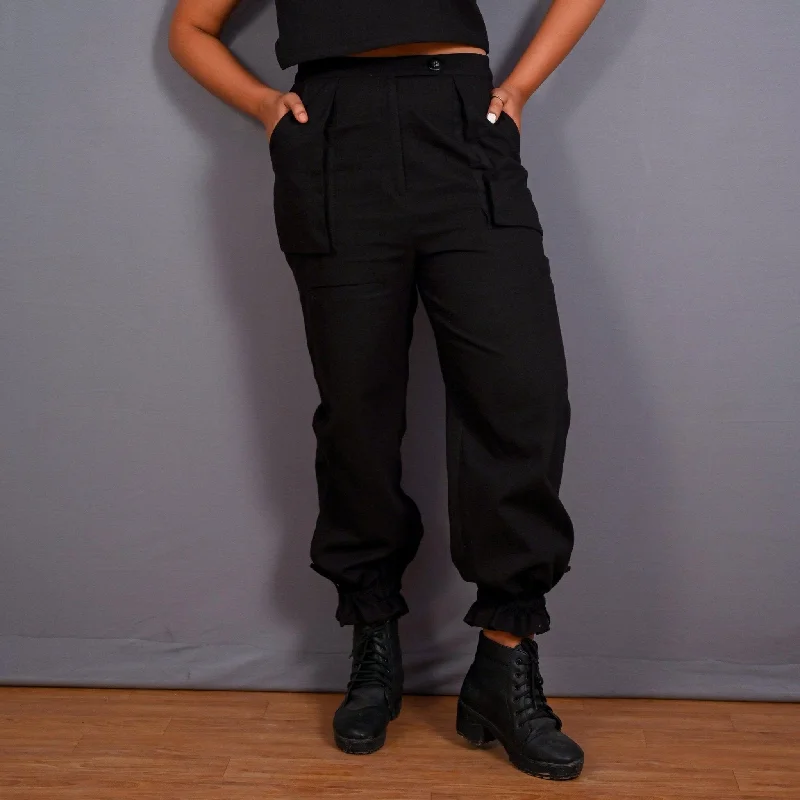 Drawstring - waist sweater pants for adjustability Black Warm Cotton Flannel High-Rise Convertible Jogger Cargo Pant Drawstring - waist sweater pants for adjustability Black Warm Cotton Flannel High-Rise Convertible Jogger Cargo Pant