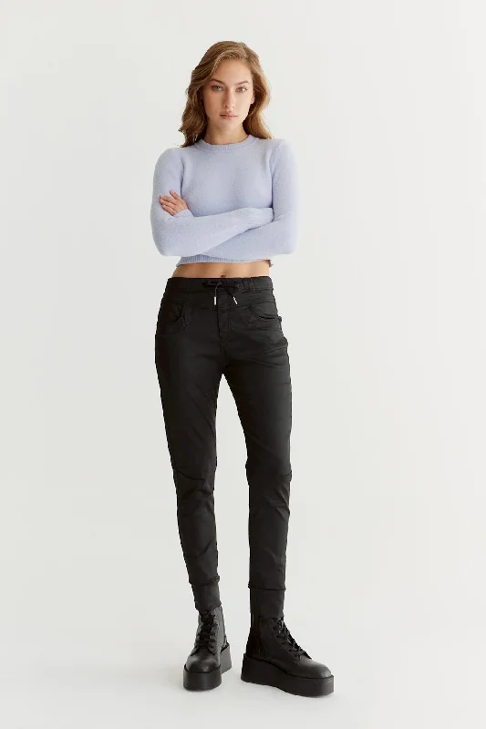 V - neck sweater pants for a flattering neckline Mila Mid Waist Jogger 5 Pocket Ankle Pants Black Coated V - neck sweater pants for a flattering neckline Mila Mid Waist Jogger 5 Pocket Ankle Pants Black Coated