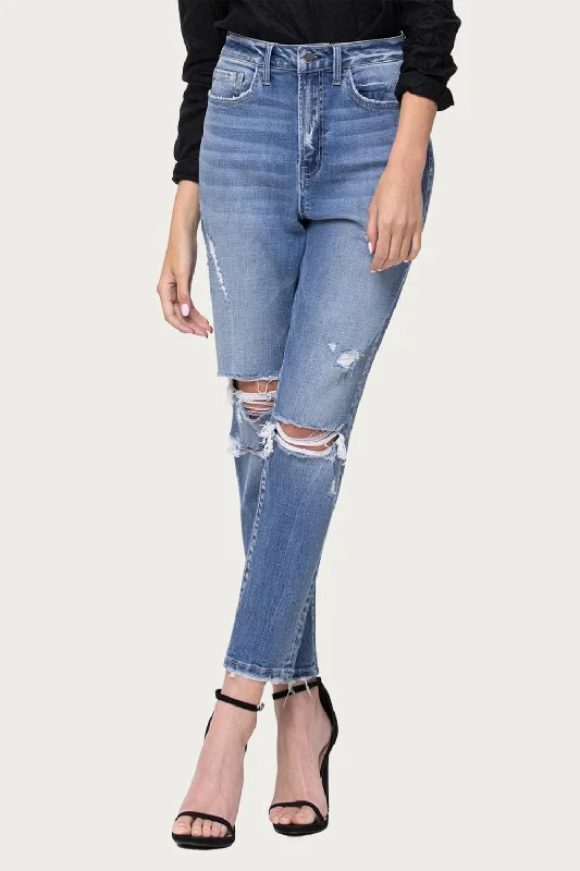 Plus - size women jeans for a comfortable and stylish fit Comfort Stretch High-Rise Distressed Mom Jeans In Hollow Plus - size women jeans for a comfortable and stylish fit Comfort Stretch High-Rise Distressed Mom Jeans In Hollow