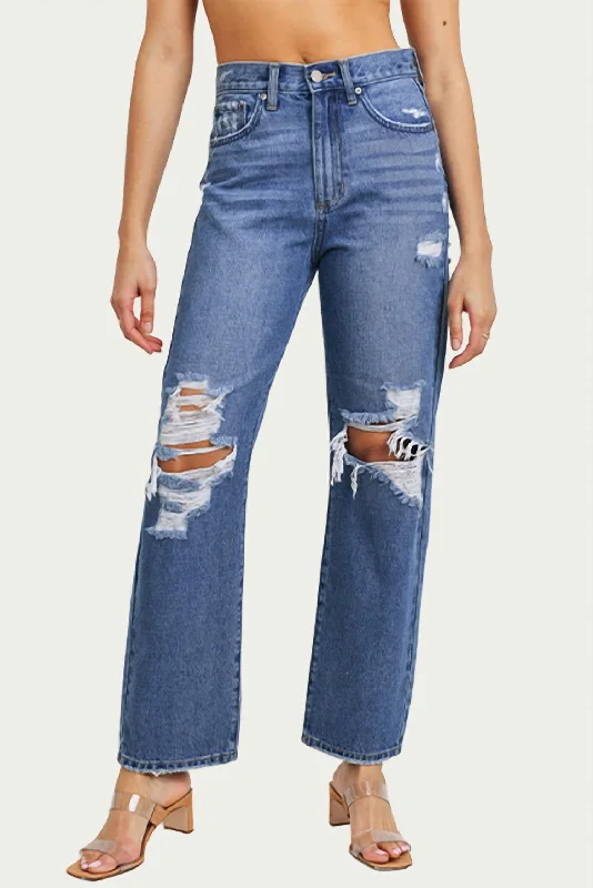 Straight - leg women jeans with a classic and timeless appeal Distressed High-Rise Straight-Leg Jeans In Medium Denim Straight - leg women jeans with a classic and timeless appeal Distressed High-Rise Straight-Leg Jeans In Medium Denim