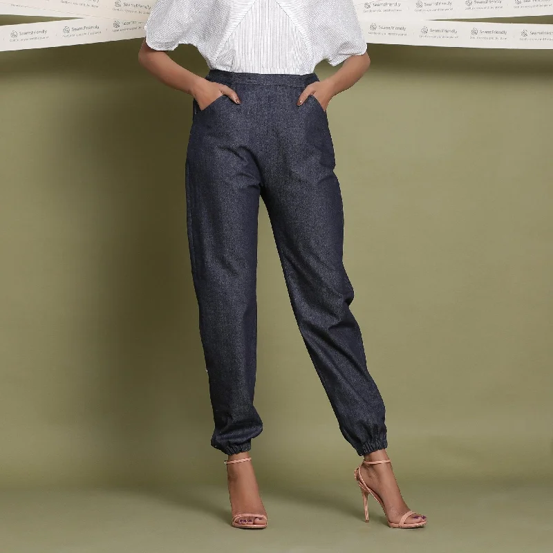 Sequined sweater pants for a glamorous look Indigo Cotton Denim Elasticated Mid-Rise Jogger Pant Sequined sweater pants for a glamorous look Indigo Cotton Denim Elasticated Mid-Rise Jogger Pant