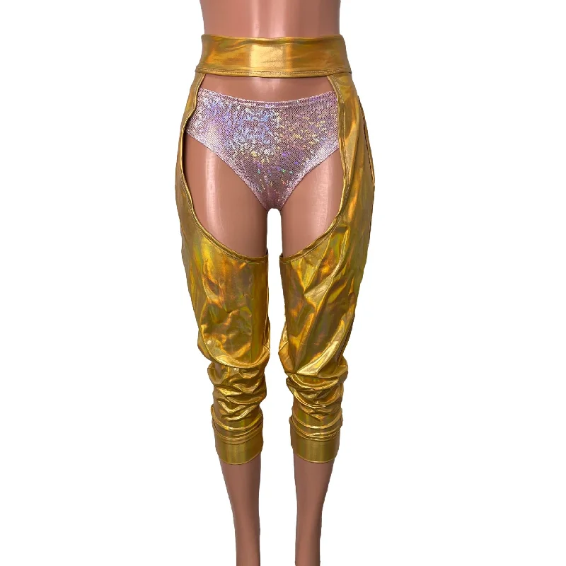 Men's fleece - lined sweater pants for outdoor activities Jogger Chaps in Holographic Gold Opal Spandex Unisex Women's/Men's Men's fleece - lined sweater pants for outdoor activities Jogger Chaps in Holographic Gold Opal Spandex Unisex Women's/Men's