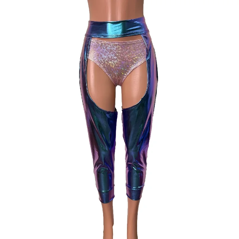 Cable - knit sweater pants for a textured feel Jogger Chaps in Holographic Oil Slick Spandex Unisex Women's/Men's Cable - knit sweater pants for a textured feel Jogger Chaps in Holographic Oil Slick Spandex Unisex Women's/Men's