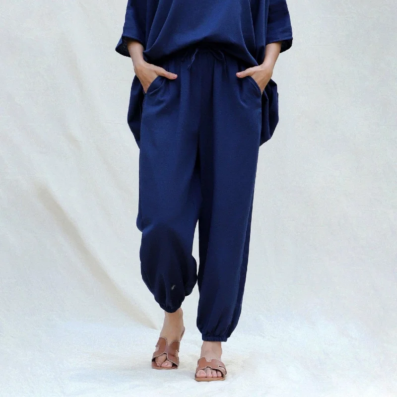 V - neck sweater pants for a flattering neckline​ Navy Blue Cotton Flax High-Rise Elasticated Jogger Pant