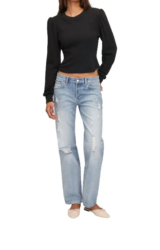 Wide - leg women jeans for a modern and relaxed vibe Rue Low Rider Jeans In Distressed Light Blue Vintage Wash Wide - leg women jeans for a modern and relaxed vibe Rue Low Rider Jeans In Distressed Light Blue Vintage Wash