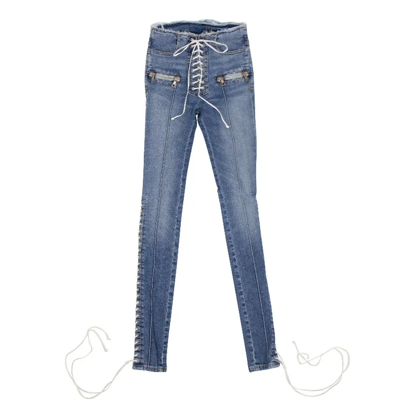 Stretch women jeans for enhanced mobility and comfort Unravel Project Denim Cotton Lace Up Skinny Jeans Pants - Blue Stretch women jeans for enhanced mobility and comfort Unravel Project Denim Cotton Lace Up Skinny Jeans Pants - Blue