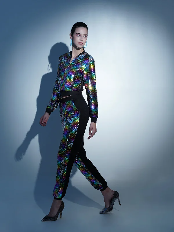 Floral - printed sweater pants for a feminine touch Women Black Multi-Sequin Terry Jogger Pants Floral - printed sweater pants for a feminine touch Women Black Multi-Sequin Terry Jogger Pants
