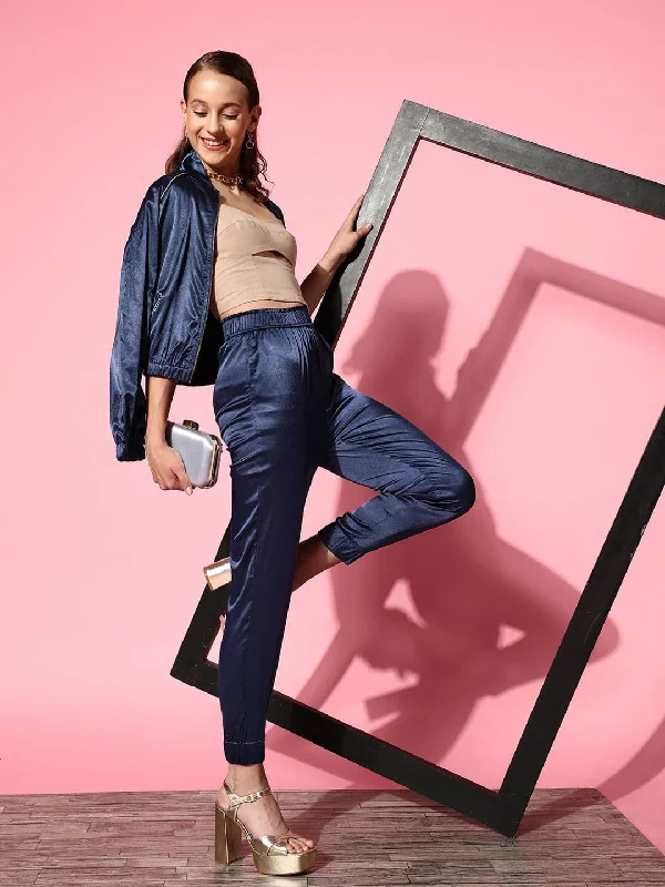 Animal - print sweater pants for a bold statement Women Navy Lycra Satin Jogger Pants Animal - print sweater pants for a bold statement Women Navy Lycra Satin Jogger Pants
