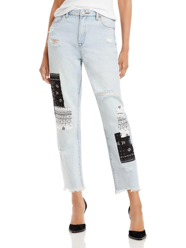 Wide - leg women jeans for a modern and relaxed vibe Womens Patchwork Cutoff Ankle Jeans Wide - leg women jeans for a modern and relaxed vibe Womens Patchwork Cutoff Ankle Jeans