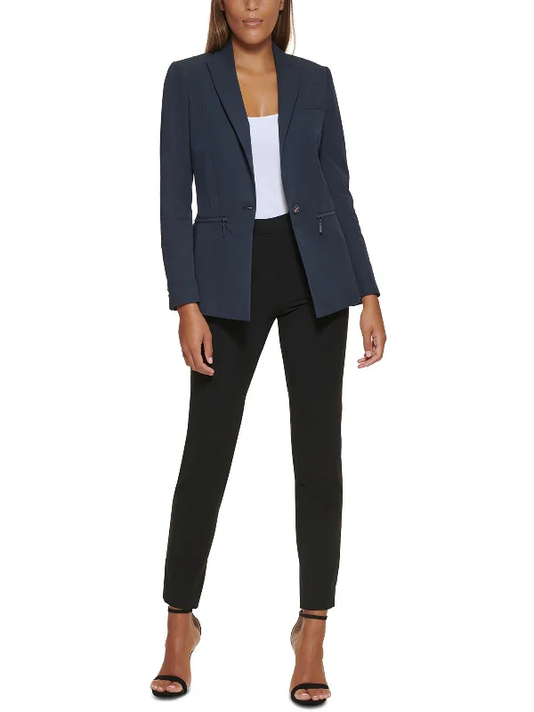 Women's Tailored Stretch Blazers in Navy Blue for Business Meetings Petites Womens Solid Cotton One-Button Blazer