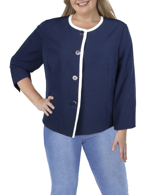 Plus Size Women's Sequin - Embellished Blazers in Silver for a Glamorous Party Plus Womens Knit Contrast Trim Collarless Blazer