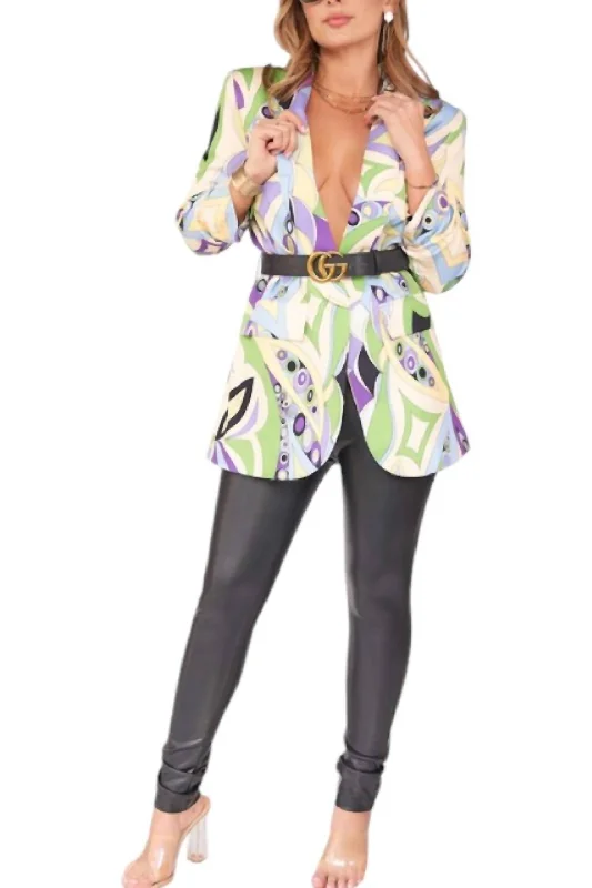 Women's Longline Linen Blazers in Pastel Colors for Summer Events Wow Abstract Blazer With Belt In Purple Multi Women's Longline Linen Blazers in Pastel Colors for Summer Events Wow Abstract Blazer With Belt In Purple Multi