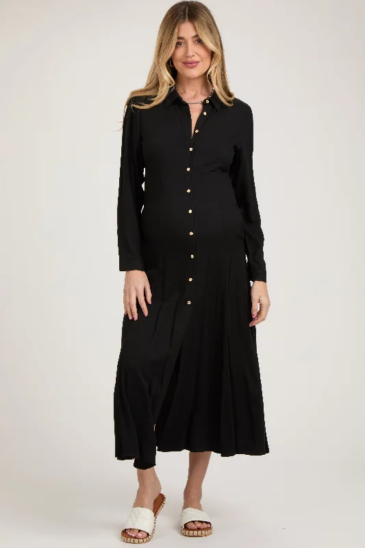 Leather maxi dresses for an edgy and bold appearance Black Collared Button Down Long Sleeve Maternity Maxi Dress Leather maxi dresses for an edgy and bold appearance Black Collared Button Down Long Sleeve Maternity Maxi Dress