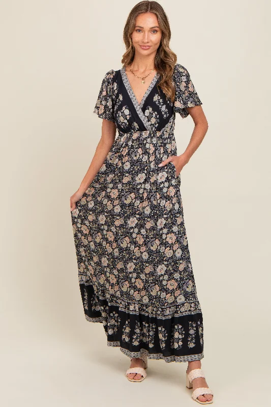 Maxi dresses with thin spaghetti straps for a delicate and feminine feel Black Floral Border Printed Woven Short Sleeve V-Neck Maxi Dress Maxi dresses with thin spaghetti straps for a delicate and feminine feel Black Floral Border Printed Woven Short Sleeve V-Neck Maxi Dress