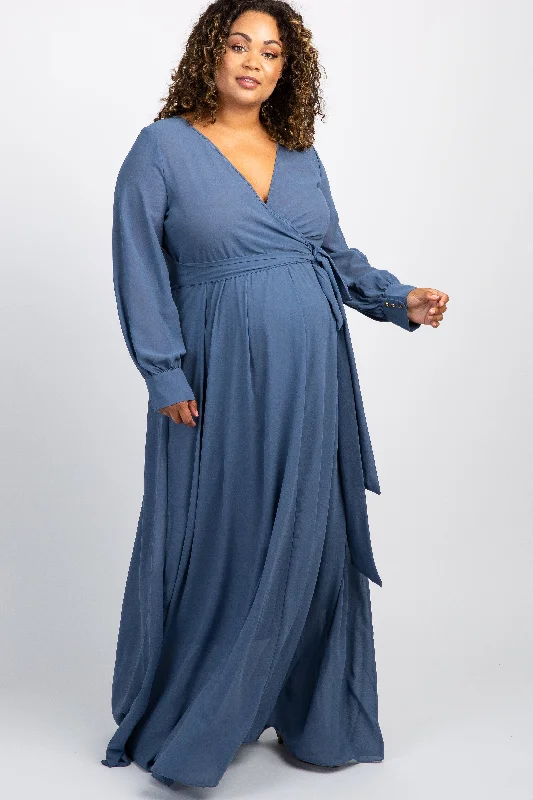 Maxi dresses with balloon sleeves for a vintage - inspired style Blue Chiffon Long Sleeve Pleated Plus Maternity Maxi Dress Maxi dresses with balloon sleeves for a vintage - inspired style Blue Chiffon Long Sleeve Pleated Plus Maternity Maxi Dress