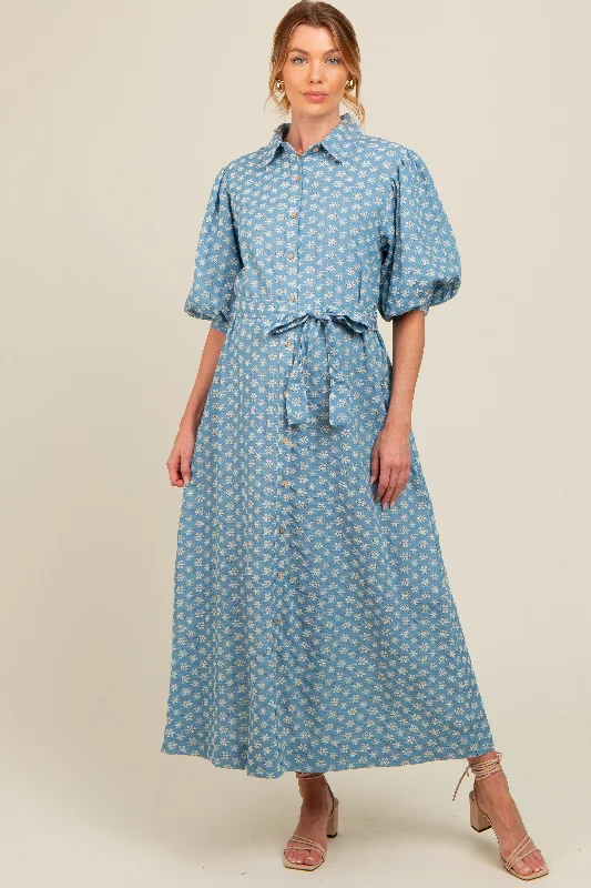 Floral print maxi dresses for summer garden parties Blue Floral Embroidered Button Down Chambray Maternity Maxi Dress Floral print maxi dresses for summer garden parties Blue Floral Embroidered Button Down Chambray Maternity Maxi Dress
