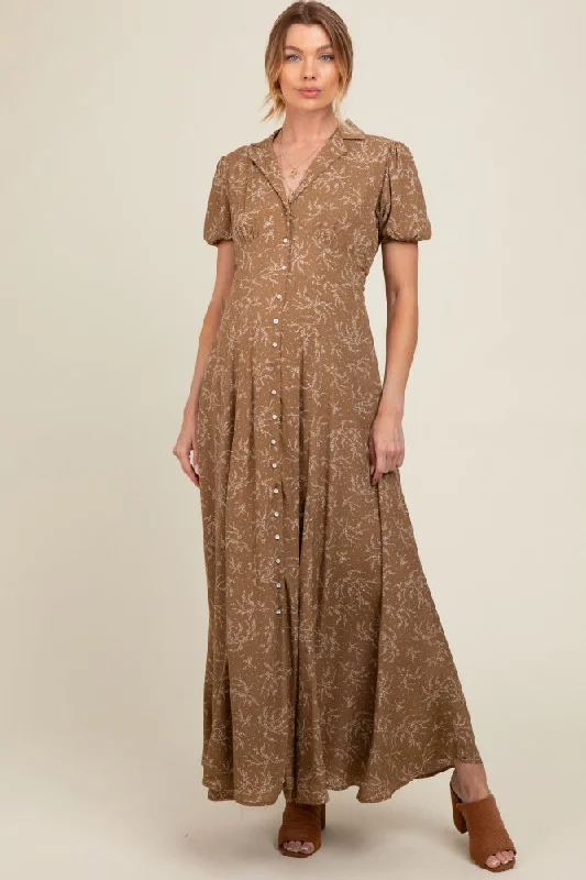 Maxi dresses with a ruffled neckline for a charming look Brown Floral Button Down Maternity Maxi Dress Maxi dresses with a ruffled neckline for a charming look Brown Floral Button Down Maternity Maxi Dress