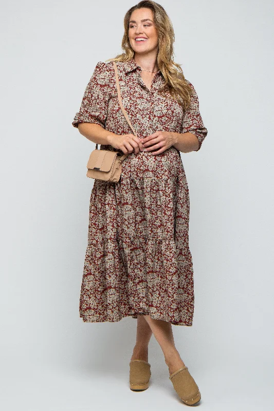 Maxi dresses with embroidered floral motifs for a unique design Burgundy Floral Collared Tiered Plus Maternity Maxi Dress Maxi dresses with embroidered floral motifs for a unique design Burgundy Floral Collared Tiered Plus Maternity Maxi Dress