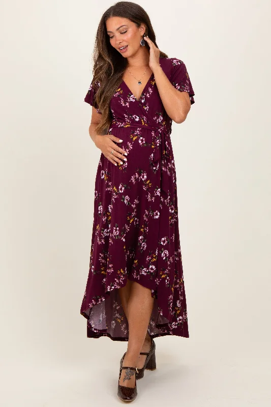 Metallic maxi dresses for a glamorous New Year's Eve party Burgundy Floral Short Sleeve Wrap Hi-Low Maternity Maxi Dress