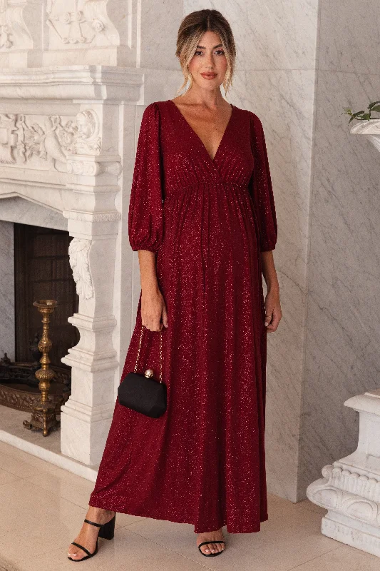 Maxi dresses with tassel accents for a fun and lively touch Burgundy Glitter V-Neck Maternity Maxi Dress