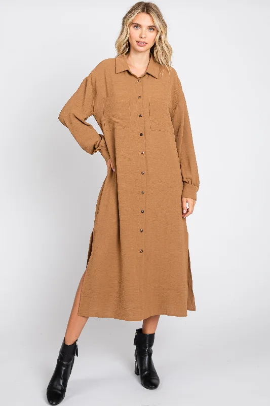 Maxi dresses with a pleated skirt for a timeless and elegant appearance Camel Button Down Collared Maxi Dress Maxi dresses with a pleated skirt for a timeless and elegant appearance Camel Button Down Collared Maxi Dress