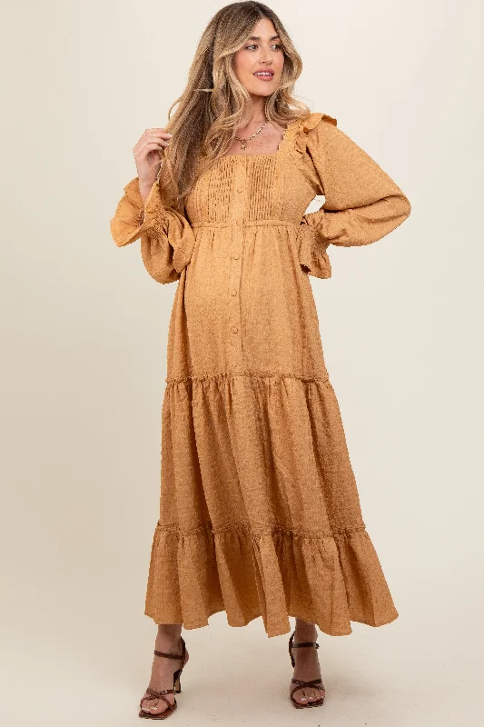Maxi dresses with tassel accents for a fun and lively touch Camel Button Pleated Front Square Neck Ruffle Tiered Maternity Maxi Dress Maxi dresses with tassel accents for a fun and lively touch Camel Button Pleated Front Square Neck Ruffle Tiered Maternity Maxi Dress