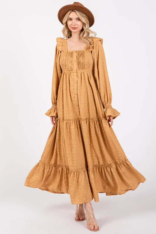 Maxi dresses with one - shoulder designs for a stylish and asymmetric look Camel Button Pleated Front Square Neck Ruffle Tiered Maxi Dress Maxi dresses with one - shoulder designs for a stylish and asymmetric look Camel Button Pleated Front Square Neck Ruffle Tiered Maxi Dress