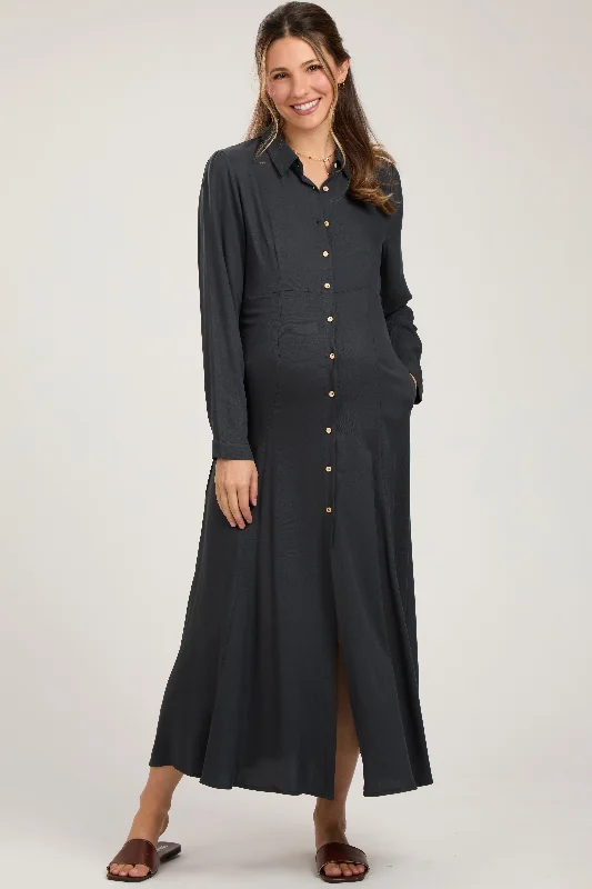Ruffled maxi dresses with a tiered skirt for added volume Charcoal Collared Button Down Long Sleeve Maternity Maxi Dress Ruffled maxi dresses with a tiered skirt for added volume Charcoal Collared Button Down Long Sleeve Maternity Maxi Dress