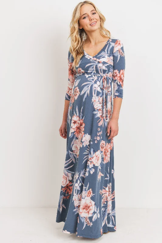 Sheer maxi dresses with lace overlays for a romantic touch Denim Floral 3/4 Sleeve Maternity Maxi Dress Sheer maxi dresses with lace overlays for a romantic touch Denim Floral 3/4 Sleeve Maternity Maxi Dress