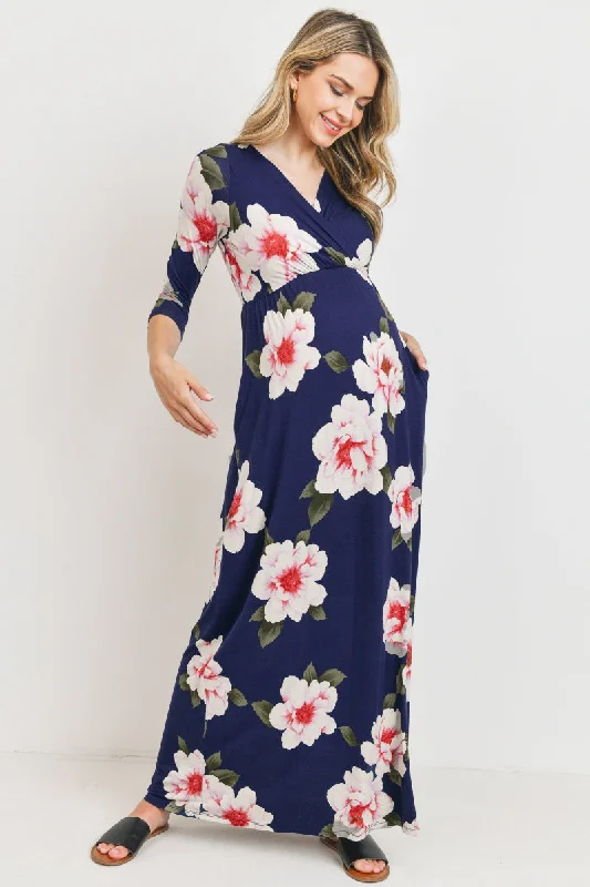 Maxi dresses with cold - shoulder cutouts for a trendy look Floral 3/4 Sleeve Maternity/Nursing Maxi Dress Maxi dresses with cold - shoulder cutouts for a trendy look Floral 3/4 Sleeve Maternity/Nursing Maxi Dress