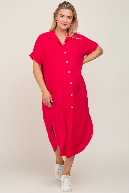 Maxi dresses with mesh panels for a sexy and trendy appearance Fuchsia Button Down Hi Low Maternity Plus Maxi Dress Maxi dresses with mesh panels for a sexy and trendy appearance Fuchsia Button Down Hi Low Maternity Plus Maxi Dress